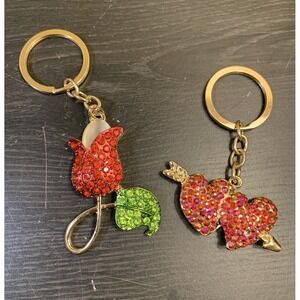 Rose Heart Keychain Set Bejeweled Rhinestone Purse Jewelry Bling Clip Key Ring